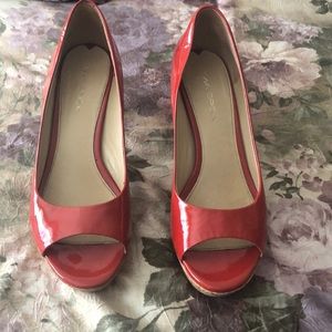 Red leather platform heels open toe